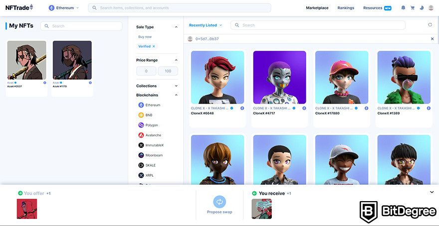 NFTrade review: the NFT swap interface on NFTrade website.
