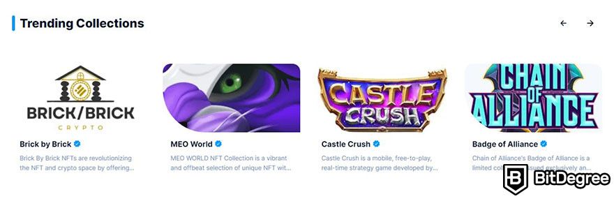 NFTrade review: the Trending Collections tab on NFTrade's homepage.