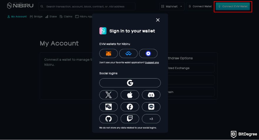Nibiru.fi airdrops: click [CONNECT EVM WALLET].