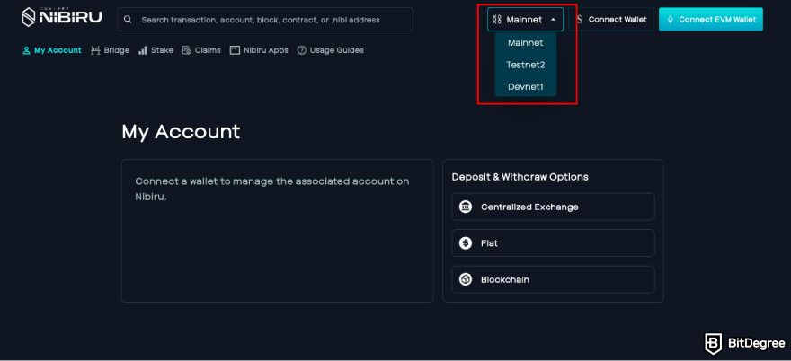 Nibiru.fi airdrops: choose the network phase.