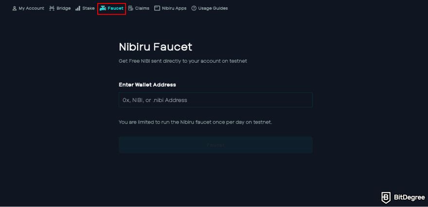 Nibiru.fi airdrops: click [Faucet].