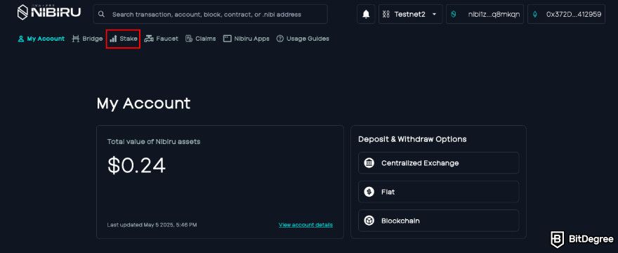 Nibiru.fi airdrops: click [Stake] on the top menu bar.
