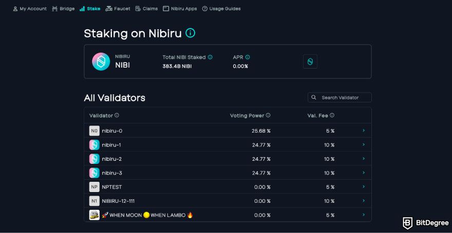 Nibiru.fi airdrops: choose a validator.