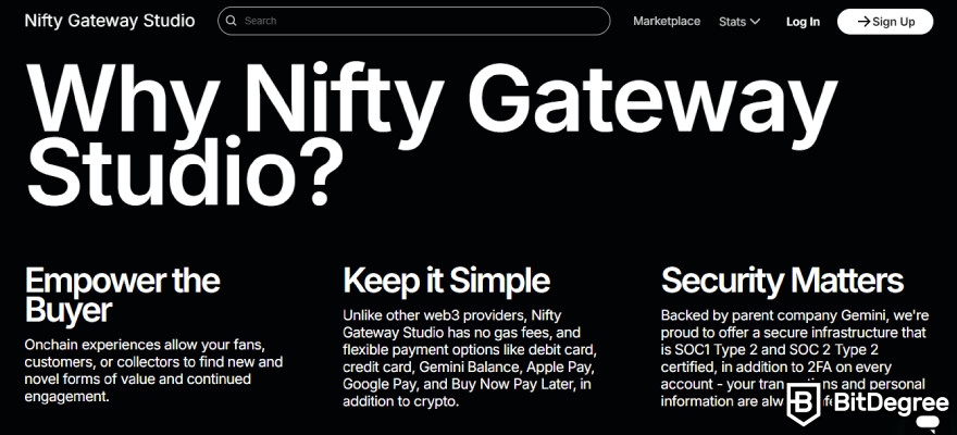 Nifty Gateway İncelemesi: Nifty Gateway'in Hakkında sayfasının bir ekran görüntüsü.