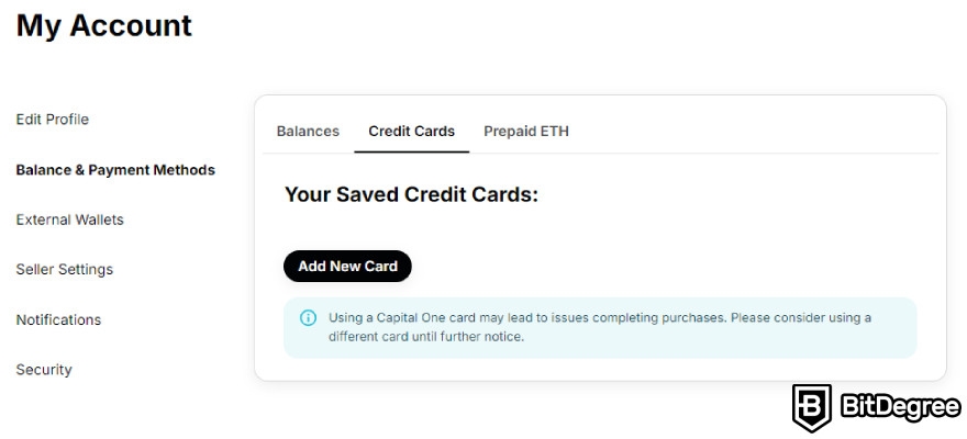 Nifty Gateway Review: Credit Cards tab on Ballance & Payment Methods option.