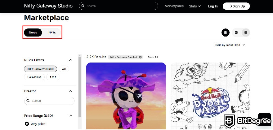 Nifty Gateway Review: the Drops and NFTs tabs on Nifty Gateway marketplace.