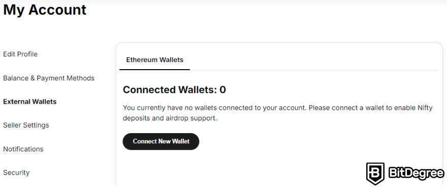 Nifty Gateway Review: the External Wallet option on Account Settings page.