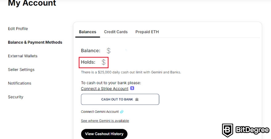 Nifty Gateway İncelemesi: Nifty Gateway'in My Account sayfasında Holds özelliği.