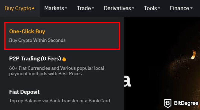 Notcoin Bybit: the Buy Crypto sub-menus on Bybit's website with the One-Click Buy menu highlighted.