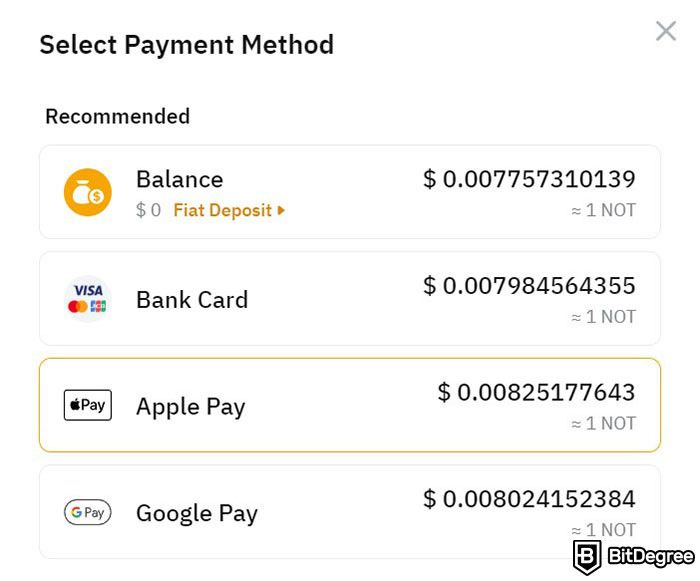 Bybit Notcoin: các phương thức thanh toán khả dụng trên trang Mua một lần nhấp của Bybit.