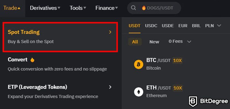 Notcoin Bybit: the Trade sub-menus on Bybit's website with the Spot Trading menu highlighted.