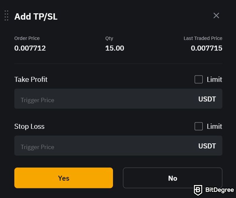 Notcoin Bybit: the pop up window for Take Profit/Stop Loss feature on Bybit's trading platform.