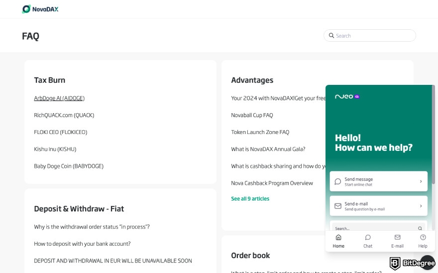 NovaDAX review: a screenshot of NovaDAX knowledge base.