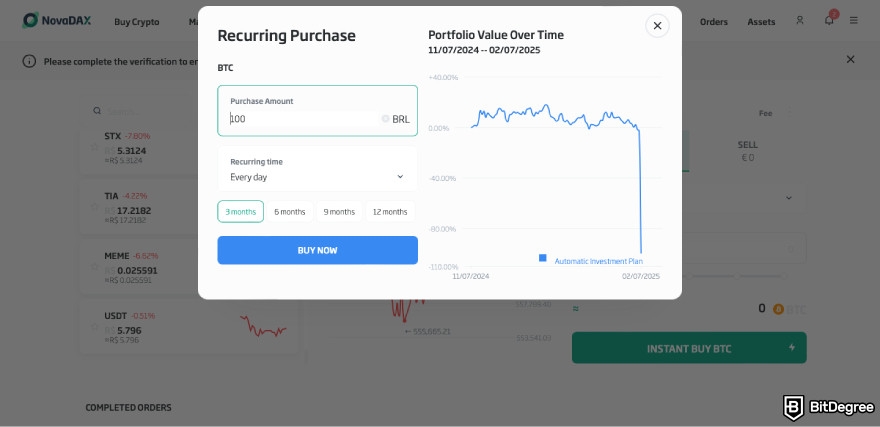 NovaDAX review: a screenshot of NovaDAX simulation feature.