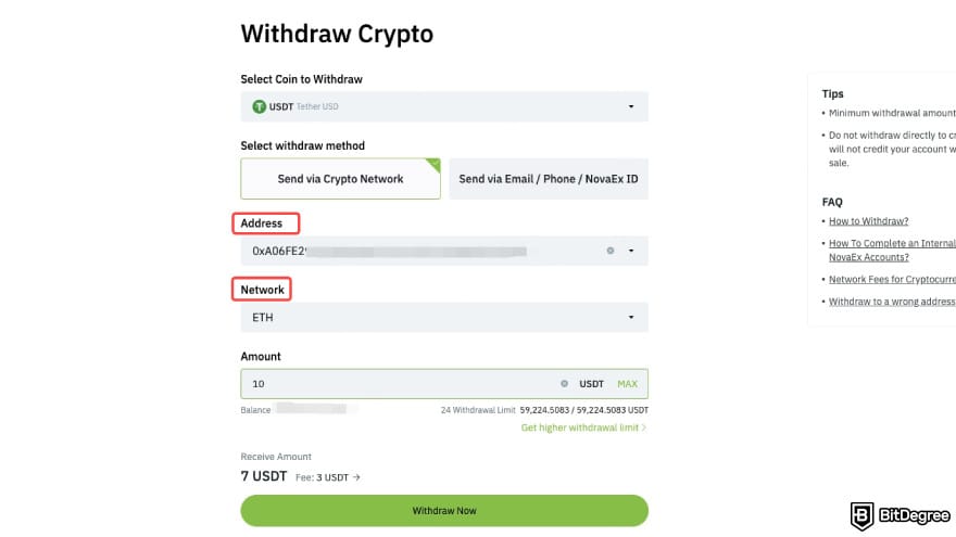 NovaEx review: choose the address and the network.