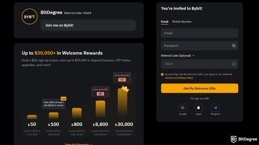 NovaEx review: Bybit referral promotion from BitDegree showing up to $30,050 in welcome rewards.
