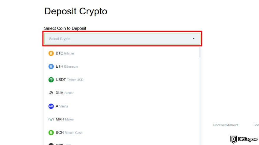 NovaEx review: select token to deposit.