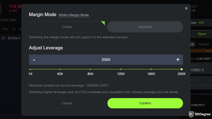 NovaEx review: margin mode settings window.