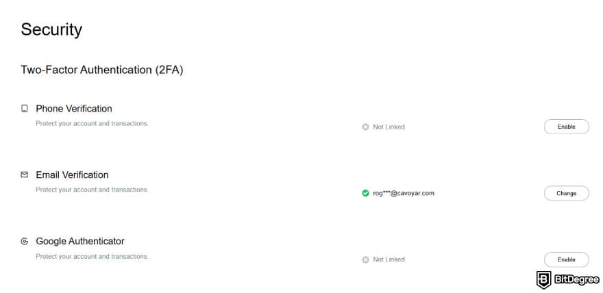 NovaEx review: security settings page showing two-factor authentication.