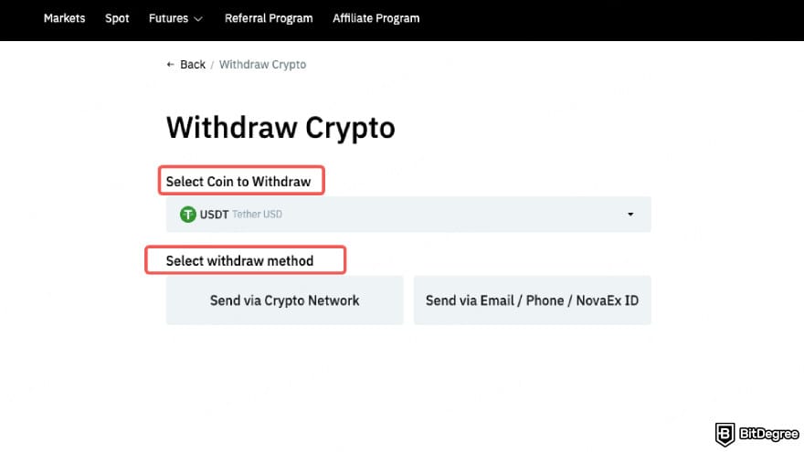 NovaEx review: select the token to withdraw.