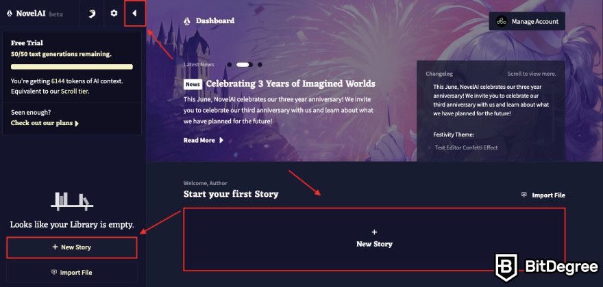 Novel AI review: three red arrow pointing to new story button and menu opening button.
