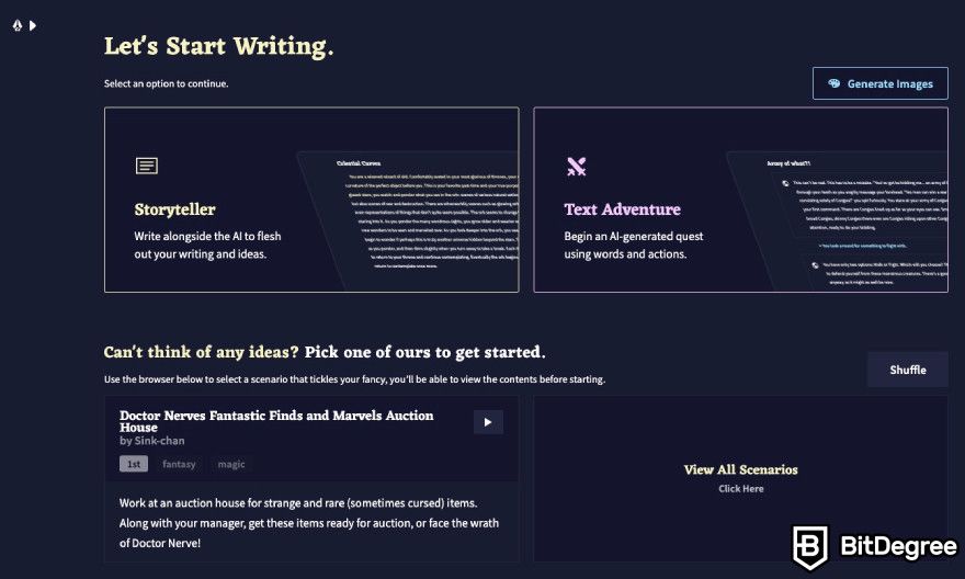 Novel AI review: storyteller and text adventure mode selection window.