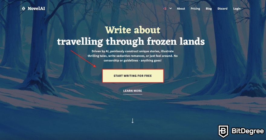 Novel AI review: red arrow pointing to start writing for free button.