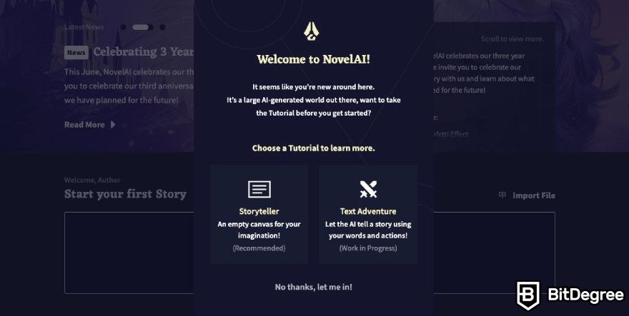 Novel AI review: Novel AI offering to use a tutorial.