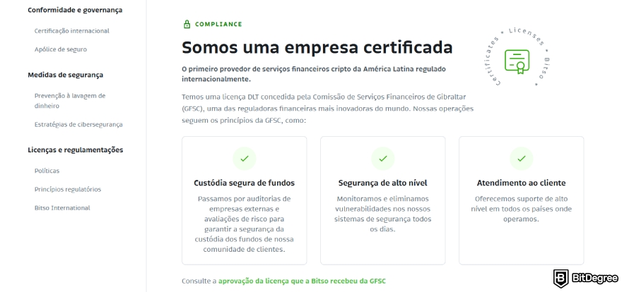 Análise do Bitso: uma captura de tela das certificações do Bitso.