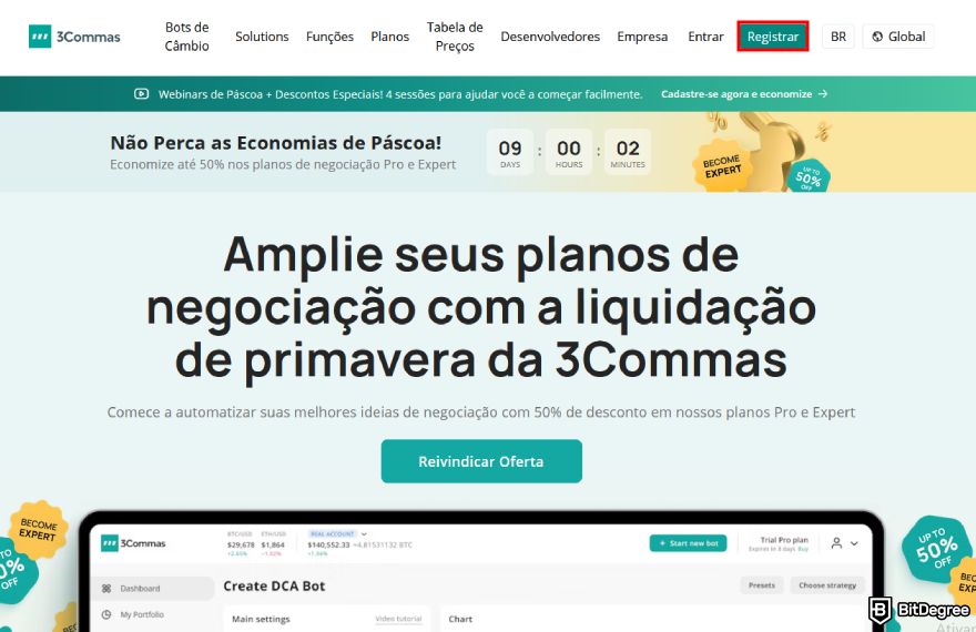 Análise do 3Commas: Página inicial com "Registro" em destaque.