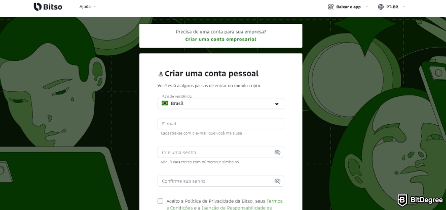 Análise do Bitso: uma captura de tela do pop-up de criação de conta do Bitso.