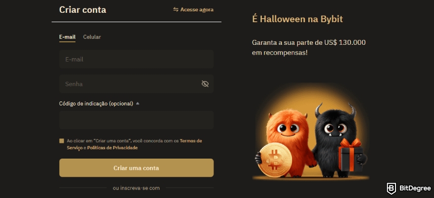 O que é Bybit: Página de criação de conta da Bybit.