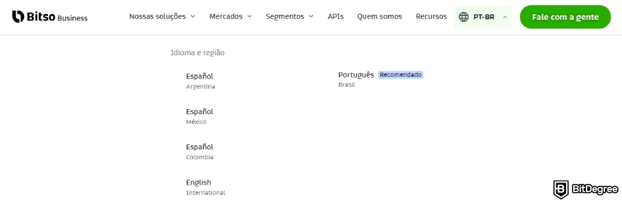 Análise do Bitso: uma captura de tela dos idiomas que o Bitso suporta.