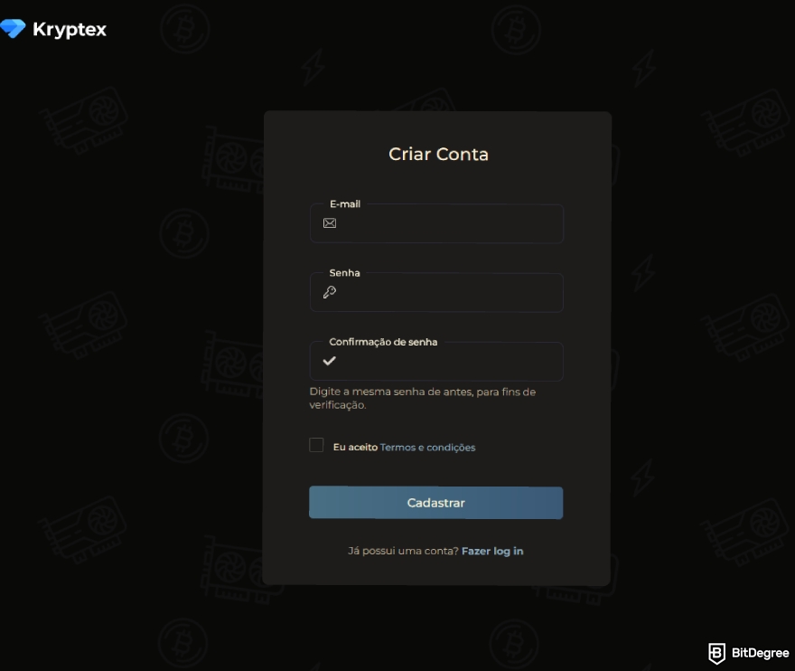 Análise do Kryptex: forneça e-mail e crie uma senha.