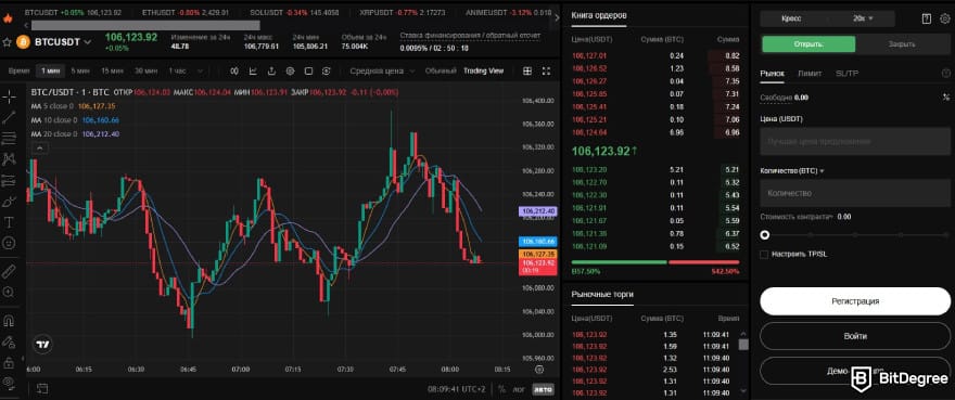 Обзор BTCC: скриншот спотового торгового интерфейса платформы.