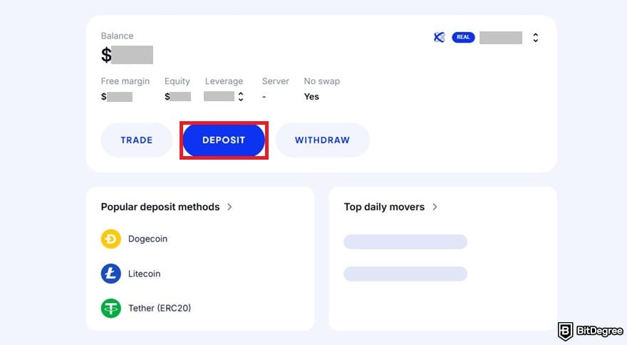OctaFX review: the [Deposit] button highlighted on OctaFX's dashboard.