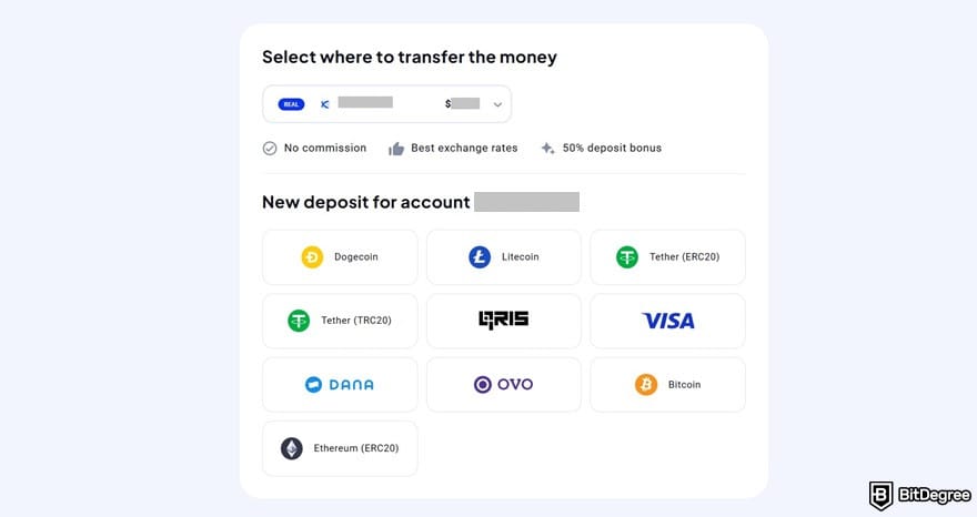 OctaFX review: the available deposit methods on OctaFX's website.