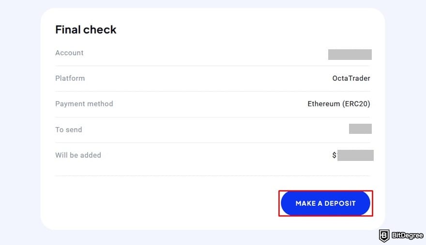 OctaFX review: the deposit details on OctaFX.