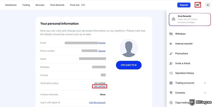 OctaFX review: the verification dashboard on OctaFX.