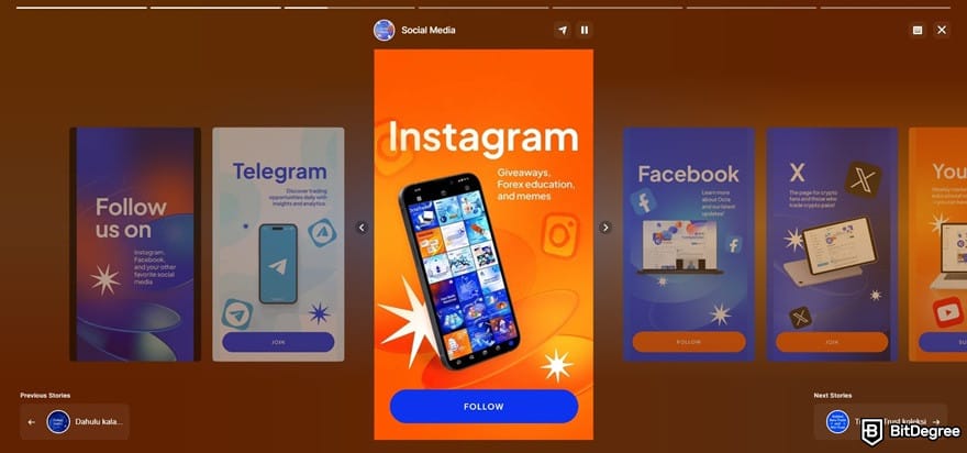 OctaFX review: the Instagram stories on OctaFX's dashboard.