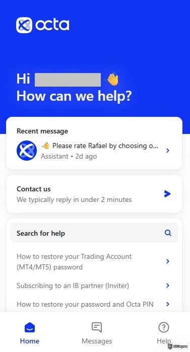 OctaFX review: OctaFX's chat box.