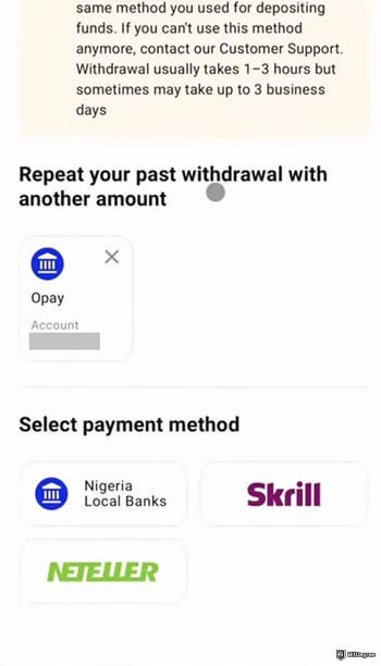 OctaFX review: choosing from available payment methods displayed on OctaFX's mobile app.