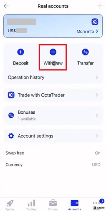 OctaFX review: the [Withdraw] icon highlighted on the OctaFX mobile app.
