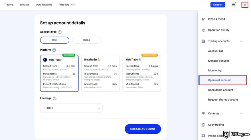 OctaFX review: creating a real trading account on OctaFX.