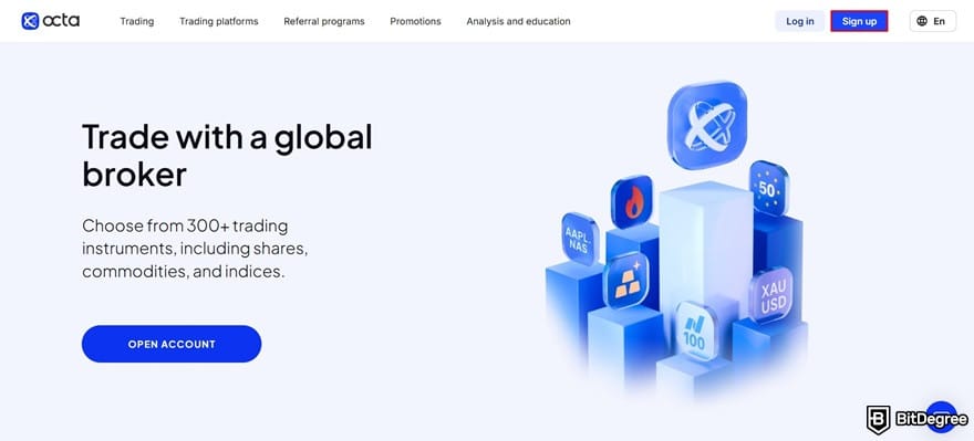 OctaFX review: the [Sign up] button on the OctaFX homepage highlighted.