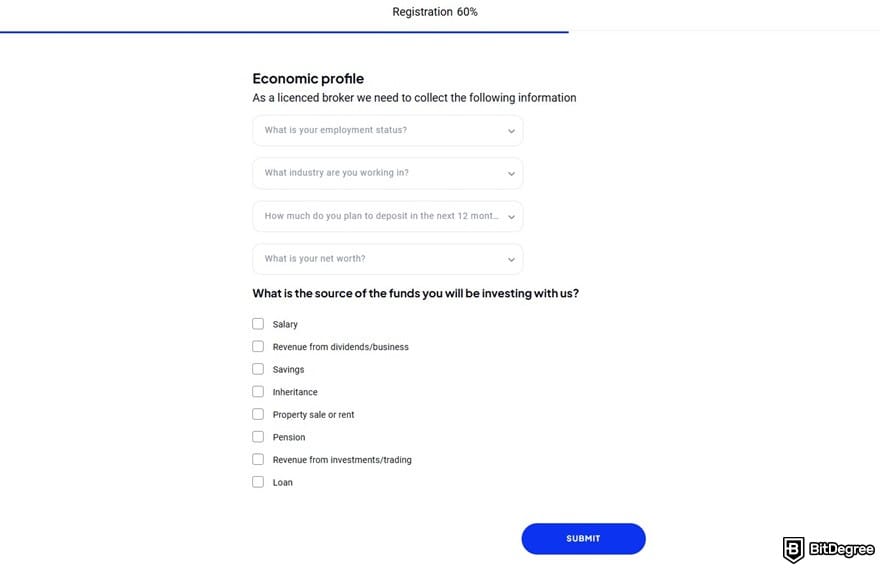 OctaFX review: the Economic profile on OctaFX, showing fields for employment status, industry, and more.