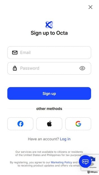 OctaFX review: OctaFX's login form, showing different login methods.