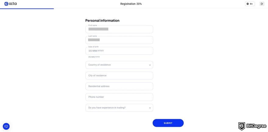 OctaFX review: OctaFX's registration form, requesting users to fill up the personal information, like name and residential address.