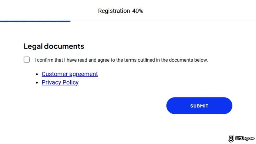 OctaFX review: OctaFX registration screen for legal documents with Customer agreement and Privacy Policy links.