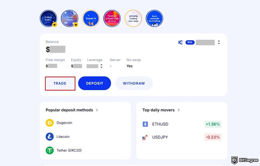 OctaFX review: OctaFX's dashboard with the [Trade] button highlighted.